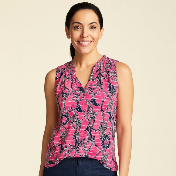 Caribbean Joe Pink Nautical Print Sleeveless Top Anchors & Ropes Smocked Neck - Picture 1 of 10